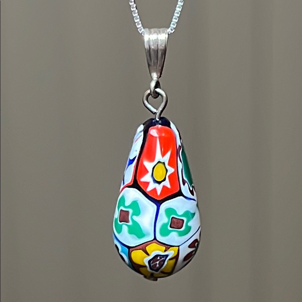 VTG Murano Colorful Millefiori Glass Teardrop Sterling Silver Pendant Necklace - Picture 2 of 5